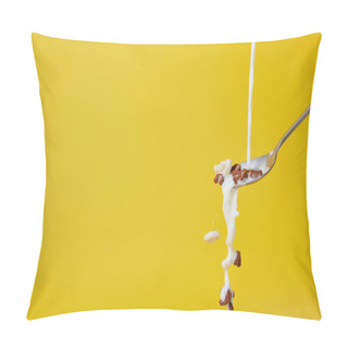 Personality  Spoon With Assorted Cereal And Milk Splashes Isolated On Yellow Pillow Covers