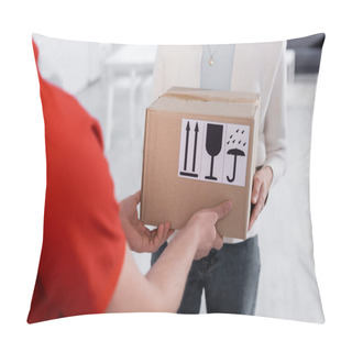 Personality  Cropped View Of Courier Giving Carton Box With Symbols To Woman In Hallway  Pillow Covers