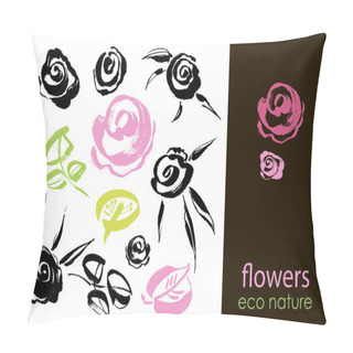Personality  Set Of Hand Drawn Flowers, Green Leaf, Sketches And Doodles Of Pink Flowers And Plants, Flowers Vector Collection Pillow Covers