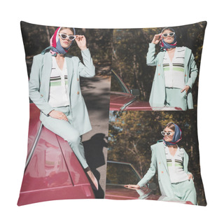 Personality Collage Of Fashionable Woman In Headscarf And Coat Touching Sunglasses And Holding Hand In Pocket Near Cabriolet Pillow Covers