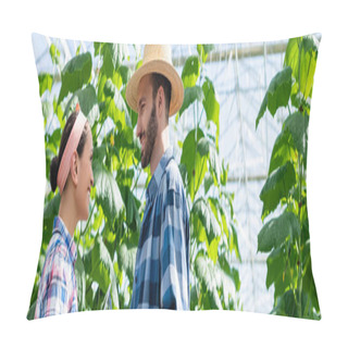 Personality  Side View Of Smiling Interracial Farmers Talking In Greenhouse, Banner Pillow Covers