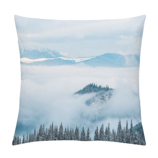 Personality  Scenic View Of Snowy Mountains With Pine Trees In White Fluffy Clouds Pillow Covers