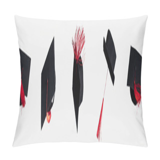 Personality  Panoramic Shot Of Academic Caps With Red Tassels Isolated On White Pillow Covers