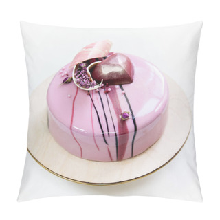 Personality  Minimalistic Pink Mousse Cake With Coated With Mirror Glaze On A White Background. Chocolate Heart, Chocolate Swirl And Dry Heather Decor. Pillow Covers