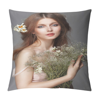 Personality  Sentiment. Portrait Of Redhair Nostalgic Woman With Herbs Pillow Covers