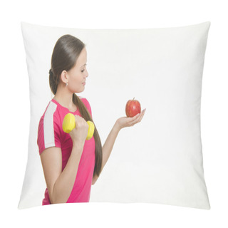 Personality  Athlete Shakes Muscles Of The Right Hand Dumbbell And Looking At An Apple In Her Left Hand Pillow Covers