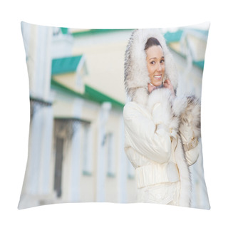 Personality  Smiling Beautiful Woman In White Coat Pillow Covers