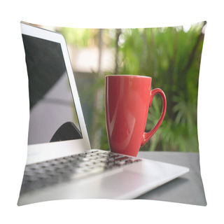 Personality  Computer Laptop With Offee In Red Cup With Green Nature Background. Work Remotely Or From Home. Selected Focus. Copy Space. Pillow Covers