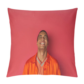 Personality  Overjoyed African American Man In Orange Shirt Laughing With Closed Eyes On Red, Excitement Pillow Covers