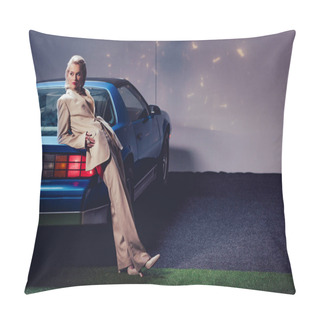 Personality  Attractive And Stylish Woman In Suit Lying On Retro Car Pillow Covers