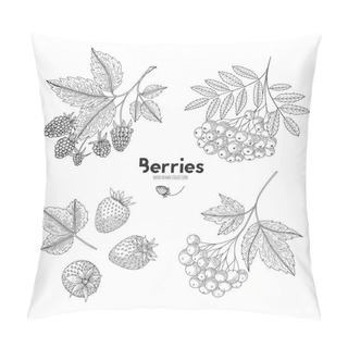 Personality  Set Of Hand Drawn Berries Isolated On White Background. Botanical Illustration Of Engraved Berry. Viburnum, Raspberry, Rowan, Strawberry. Design For Package Of Health And Beauty Natural Products. Pillow Covers