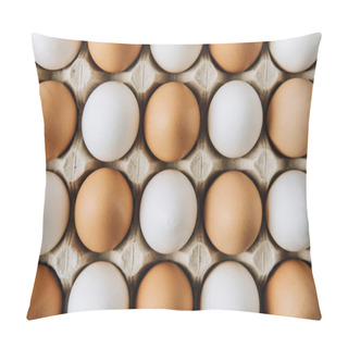 Personality  White And Brown Eggs Laying In Egg Carton, Full Frame Shot  Pillow Covers