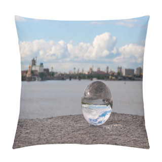 Personality  Glass Transparent Ball On City Background And Grainy Surface. With Empty Space Pillow Covers