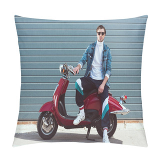 Personality  Handsome Young Man In Stylish Old School Clothes On Vintage Red Scooter Pillow Covers