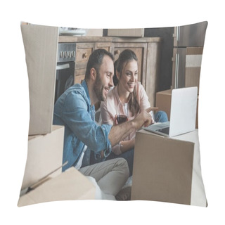 Personality  Happy Couple Drinking Wine And Using Laptop In New House Pillow Covers