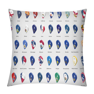 Personality  USA American Fifty States  Flags - Alphabetical Order With Name.  Set Of  3d Geolocation Signs Like Flags Of States USA.  United States Of America. Geolocation Signs For Your Web Site Design, Logo, App, UI. EPS10. Pillow Covers