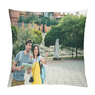 Personality  Handsome Man Holding Map And Asian Woman Pointing With Finger  Pillow Covers