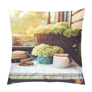 Personality  Summer Porch Decoration With Flowers And Candles. Romantic Evening At Wooden Cottage, Gardening And Country Living Concept. Pillow Covers