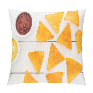Personality  Top View Of Tasty Nachos And Sauces On White Wooden Table  Pillow Covers