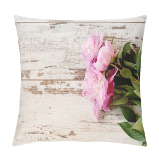 Personality  Stunning Pink Peonies On White Light Rustic Wooden Background. Copy Space, Floral Frame. Vintage, Haze Looking.  Wedding, Gift Card, Valentine's Day Or Mothers Day Background Pillow Covers