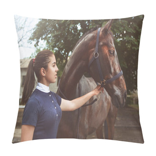 Personality  A Young Girl Talking And Takes Care Of Her Horse. She Loves The Animals And Joyfully Spends Her Time In Their Environment. Love Horses Pillow Covers