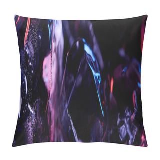 Personality  Panoramic Shot Of Transparent Ice Cubes With Purple Colorful Lighting Isolated On Black Pillow Covers