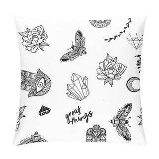 Personality  Girls Seamless Pattern With Butterflies, Peonies, Crystals And Hamsa Background For Textile, Graphic Tees, Kids Wear. Wallpaper For Teenager Girls. Fashion Style Pillow Covers