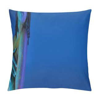 Personality  Partial View Of Youthful African American Woman With Dreadlocks Posing In Colorful Neon Body Paint On Blue Background With Cyan Lighting Effect, Banner Pillow Covers