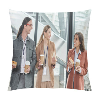 Personality  Three Colleagues Having Lunch Break Smiling Sincerely And Eating Sandwiches, Coworking Concept Pillow Covers