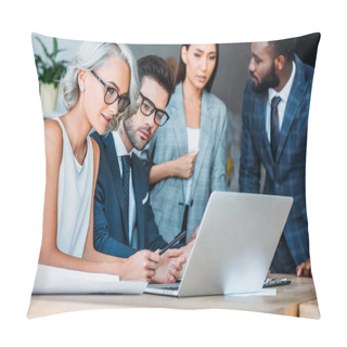 Personality  Young Multicultural Businesspeople Working On Project In Office And Looking At Laptop Pillow Covers