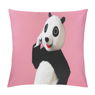 Personality  Pensive Person In Panda Bear Costume Standing With Hand On Hip Isolated On Pink  Pillow Covers