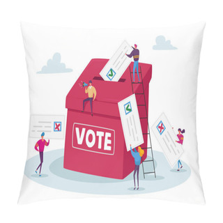 Personality Election And Social Poll Concept. Tiny Voters Male And Female Characters Casting Ballots At Polling Place During Voting Pillow Covers