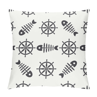 Personality  Flat Line Monochrome Vector Seamless Pattern Ocean Fish Bone, Skeleton With Steering Wheel. Retro Cartoon Style. Skull. Sea Doodle Art. Background. Illustration And Element For Your Design, Wallpaper Pillow Covers