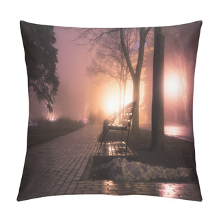 Personality  Alley Of The Evening Misty Park With Burning Lanterns, Trees And Benches. Night City Autumn Park Pillow Covers