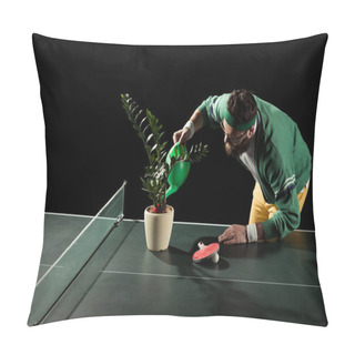 Personality  Bearded Tennis Player Watering Flower In Pot On Tennis Table Isolated On Black Pillow Covers