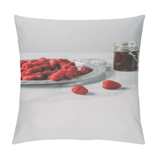 Personality  Selective Focus Of Silver Tray With Raspberries And Jar Of Jam On Marble Table  Pillow Covers