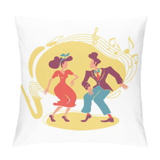 Personality  Swing Jazz Party 2D Vector Web Banner, Poster. 50s Style Couple Dancing Boogie Woogie Flat Characters On Cartoon Background. Jive Dancers. Rock N Roll Disco Printable Patches, Colorful Web Elements Pillow Covers