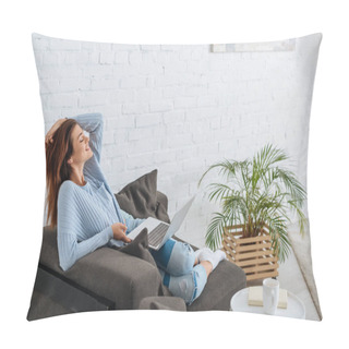 Personality  Side View Of Happy Woman Chilling With Laptop At Home  Pillow Covers