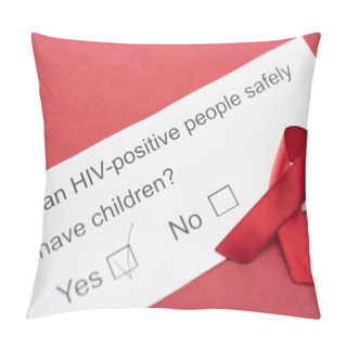 Personality  Paper Card With HIV Questionnaire With Awareness Ribbon On Red Background Pillow Covers