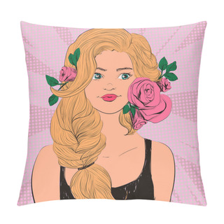 Personality  Young Beautiful Woman With Flowers And Tail Hairstyle. Vector Comics Colorful Illustration. Pillow Covers