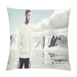 Personality  Cool Man With Beard In Winter Fashion. Wearing White Woolen Swea Pillow Covers