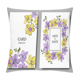 Personality  Vector Orchid Flowers. Yellow And Violet Engraved Ink Art. Wedding Background Cards. Invitation Elegant Cards Graphic Set. Pillow Covers