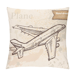 Personality  Biplane Aircraft In Flight Hand Drawn. Vintage Style Vector Illustration. Pillow Covers