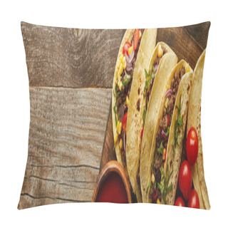 Personality  Top View Of Traditional Mexican Tacos With Cherry Tomatoes And Ketchup On Wooden Surface, Panoramic Shot Pillow Covers