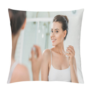 Personality  Beautiful Young Woman Holding Perfume Bottle And Looking At Mirror In Bathroom Pillow Covers