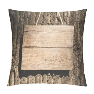 Personality  Empty Wooden Board Hanging On Grey Bark Of Tree Pillow Covers