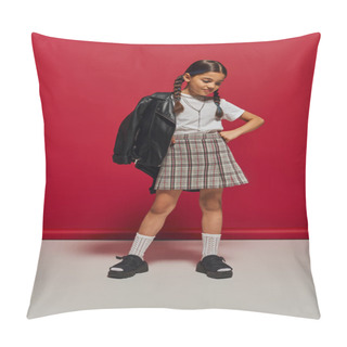 Personality  Trendy Brunette Preteen Girl With Hairstyle Posing In Leather Jacket And Plaid Skirt Holding Hand On Hip And While Standing On Red Background, Stylish Preteen Outfit Concept Pillow Covers