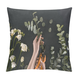 Personality  Cropped Image Of Female Hands Cutting Eucalyptus Branches By Garden Shears Over Black Background Pillow Covers
