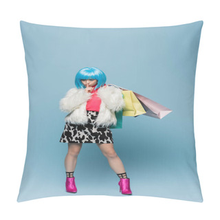 Personality  Asian Woman In Pop Art Style Holding Shopping Bags And Showing Secret Gesture On Blue Background Pillow Covers