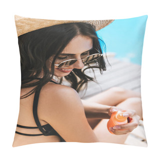 Personality  High Angle View Of Smiling Brunette Woman In Sunglasses And Straw Hat Applying Sunscreen At Poolside Pillow Covers